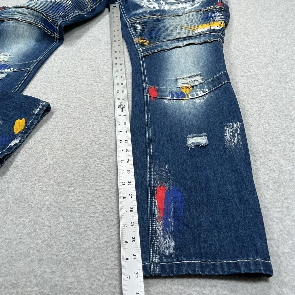Smoke Rise Denim Jeans Mens 44 (43x32) Blue Paint Splatter Distressed Streetwear - Picture 5 of 13